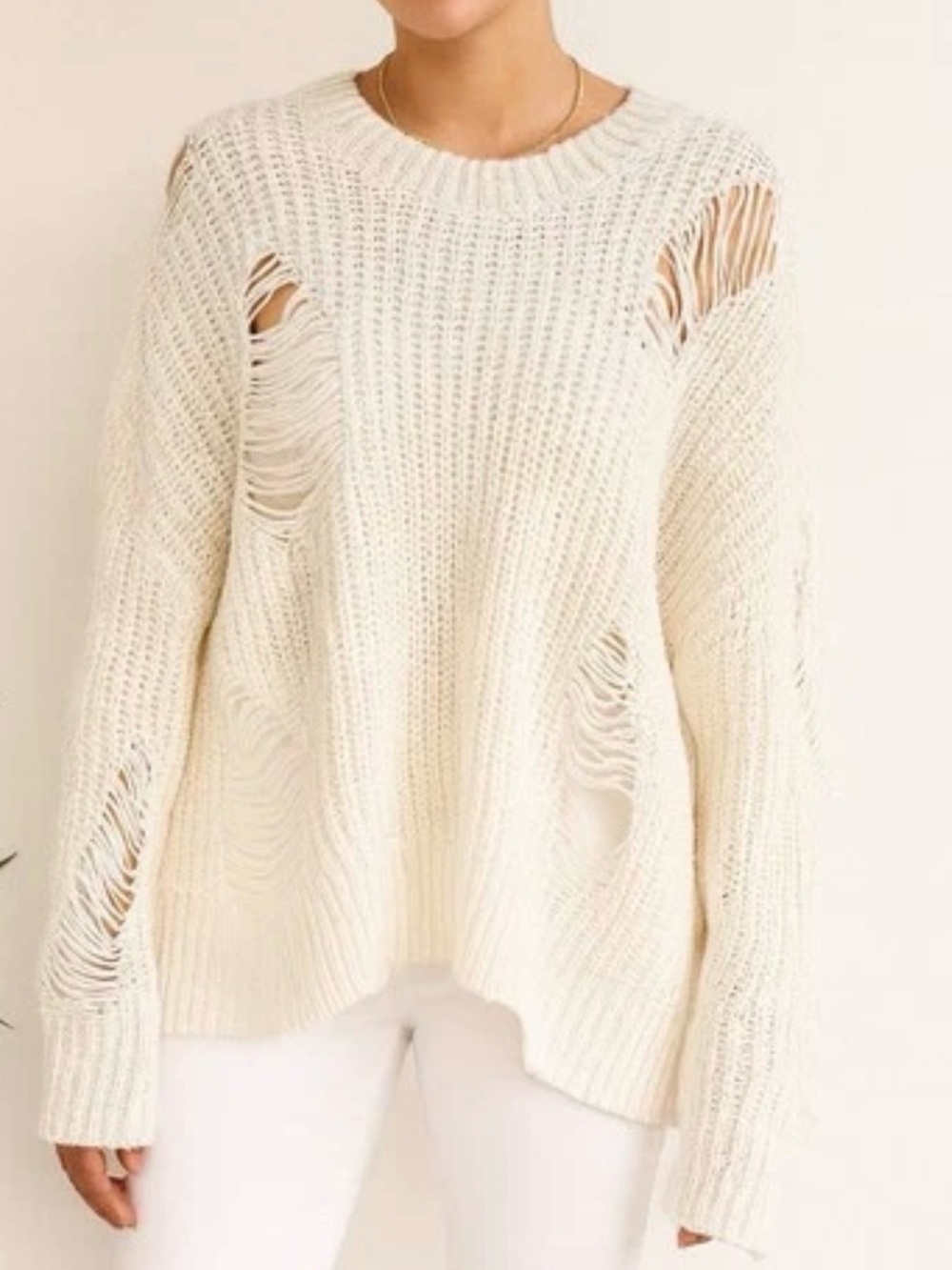 Distressed Crewneck Sweater in Cream